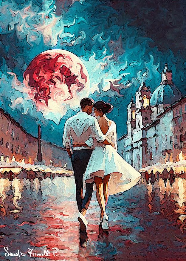 Luna rossa su Roma - 2024 - Dipinto digitale stampato su tela - cm. 50x70